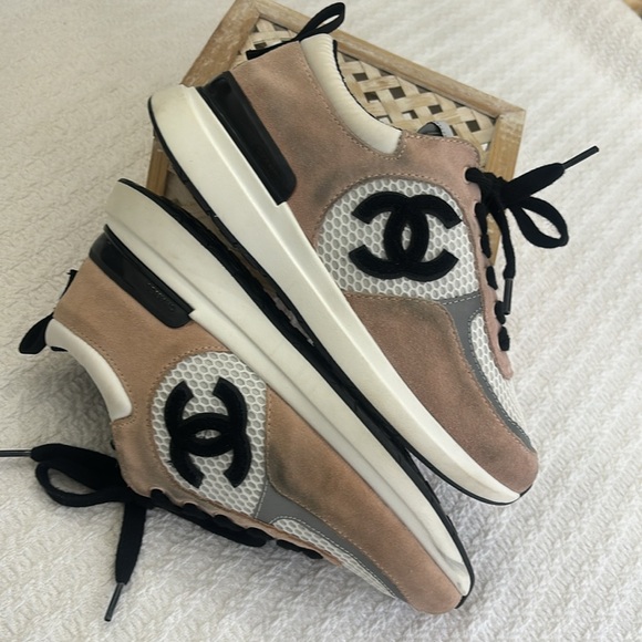 CHANEL Mesh Suede Calfskin Grained Calfskin Womens CC Sneakers Pink - Picture 9 of 14